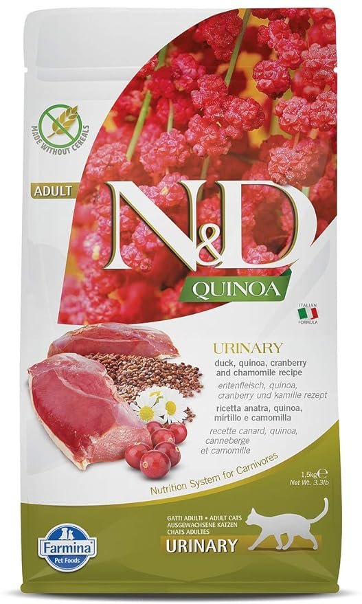 Farmina N&D Quinoa Urinary Cat Food | Grain-Free | Duck, Quinoa, Cranberry & Chamomile | Supports Urinary Health | for Adult Cats | 1.5kg